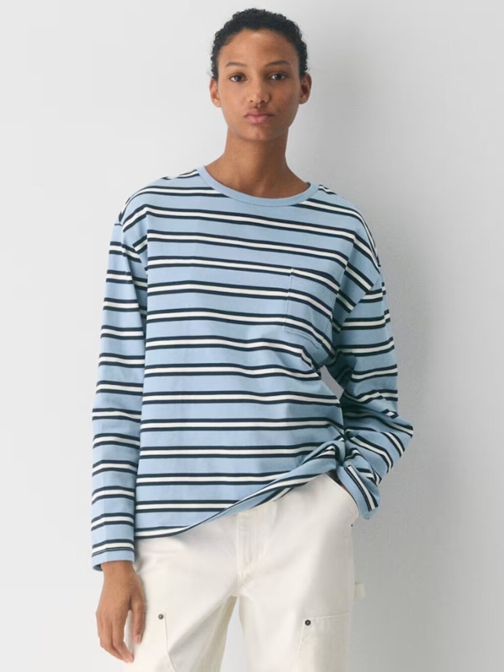 Aritzia Light Blue Black & White Striped Long Sleeve Tee Size L